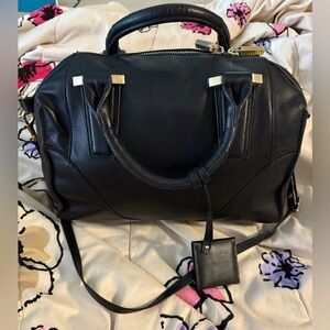 Allibelle Vintage Black Leather Handbag Purse with Gold Accents Overnight Bag